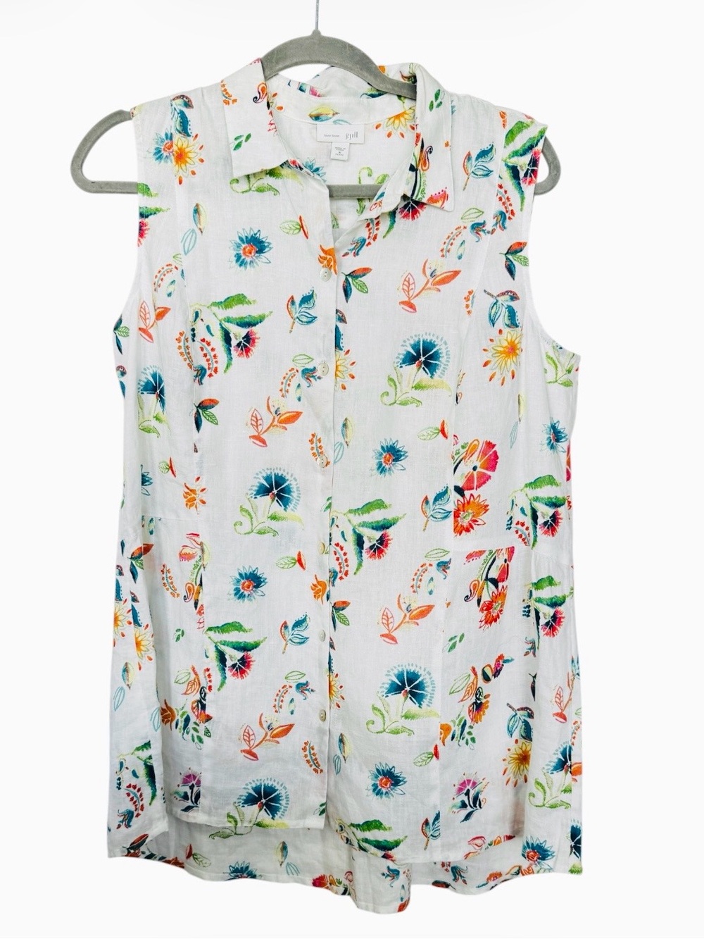 J.Jill Sleeveless  White Floral Print Linen Tunic Top Women’s Medium Petite